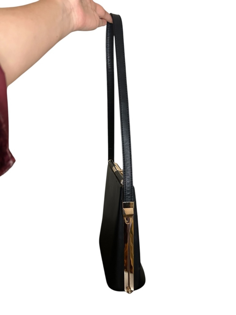 Minimalist and sleek Black Top-Handle Shoulder Bag with Gold Hardware - Picture 9 of 16